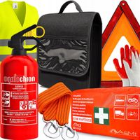 Gaśnica 1KG Apteczka DIN13164 Trójkąt Kamizelka Torba Linka Holownicza