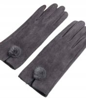 RĘKAWICZKI GRAFITOWE Z POMPONEM damskie DOTYKOWE do telefonu