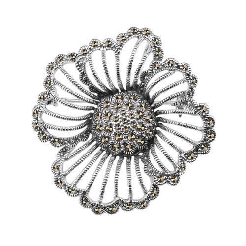 piękna żurowa srebrna broszka kwiat - mak - z markazytami na Arena.pl