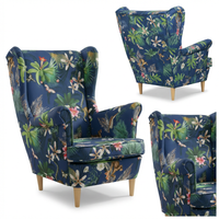 Fotel uszak skandynawski wzorzysty niebieski liście Ari Print Family Meble