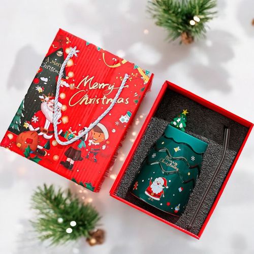 kubek świąteczny - zestaw z silikonową pokrywką i rurką 400ml, zielony na Arena.pl