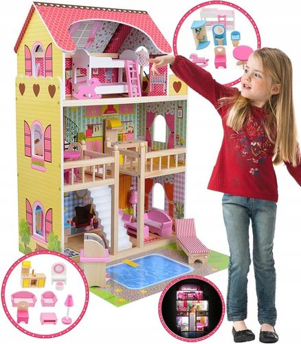 Duży Domek Dla Lalek XXL Drewniany Mebelki Do Zestawu Oświetlenie LED na Arena.pl
