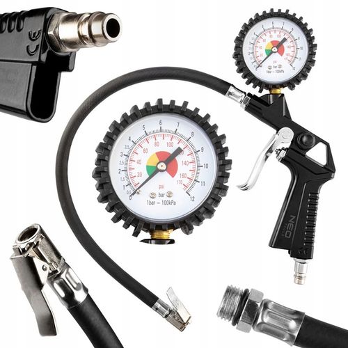 NEO PISTOLET DO POMPOWANIA KÓŁ Z MANOMETREM 0-12 BAR ZACZEP + WĘŻYK 14-714 na Arena.pl