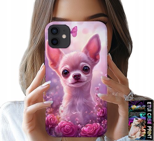 ETUI DO IPHONE 13 MINI - SŁODKA CHIHUAHUA NA RÓŻOWYM TLE KWIATAMI na Arena.pl