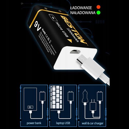 Akumulator 9V microUSB 1000mAh 6F22 6LR61 522 E-BLOCK R9 + kabel zasilający na Arena.pl