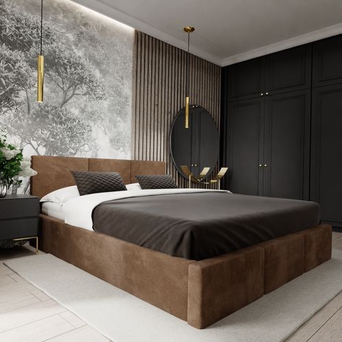 ŁÓŻKO TAPICEROWANE DO SYPIALNI 180x200 ŁÓŻKO PODWÓJNE Z POJEMNIKIEM BRĄZOWE na Arena.pl