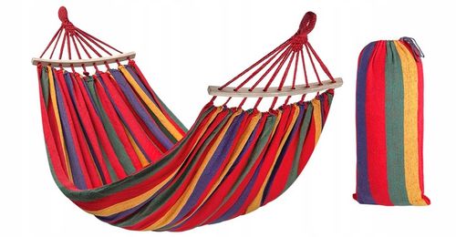 Wiszący Hamak 2-Osobowy Wielokolorowy z Drążkiem Mocny 150 cm Czerwony na Arena.pl