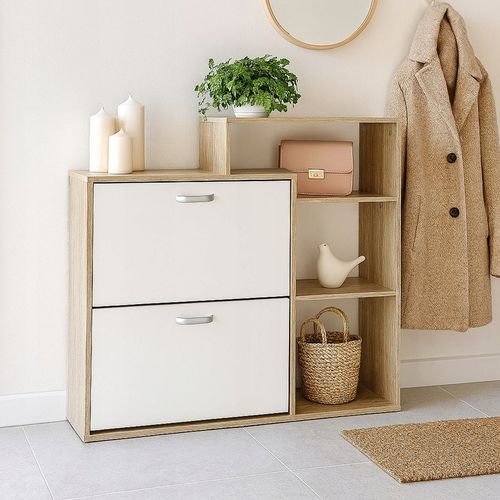 SZAFKA NA BUTY OBUWIE WĄSKA BIAŁA DĄB SONOMA Z REGAŁEM PÓŁKI DO na Arena.pl