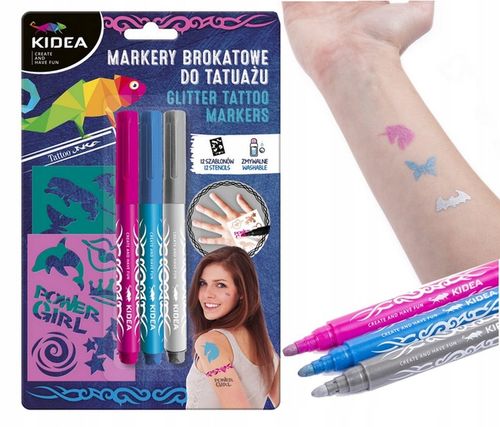 KIDEA MARKERY BROKATOWE DO TATUAŻU z szablonami, 3 markery +12 szablonów na Arena.pl