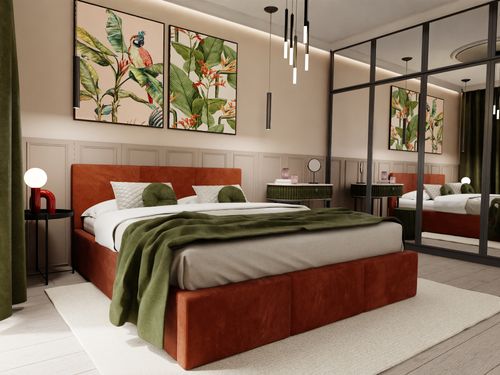 ŁÓŻKO TAPICEROWANE DO SYPIALNI 140x200 ŁÓŻKO PODWÓJNE Z POJEMNIKIEM MIODOWE na Arena.pl