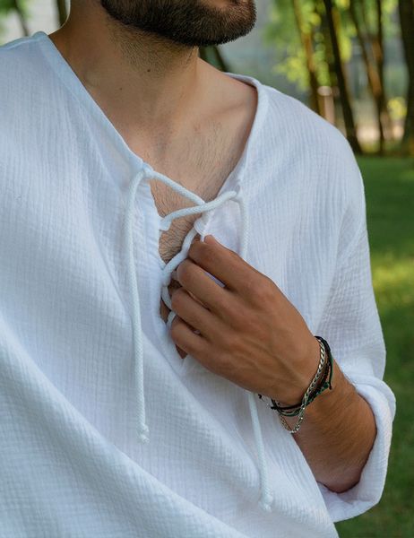 Biała koszula męska muślinowa ze sznurkiem zdjęcie 4