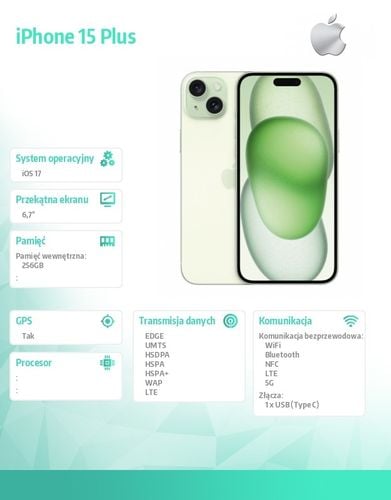 Smartfon Apple iPhone 15 Plus 256GB Zielony na Arena.pl