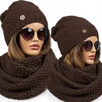 CIEPŁY KOMPLET CZAPKA + DUŻY KOMIN ZIMOWY damski szal czekoladowy