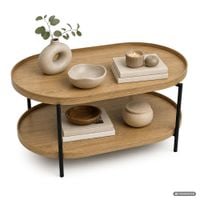 Stolik kawowy loftowy CORTADO 90 cm owalny z półką naturalne drewno czarne