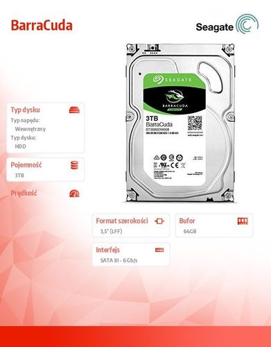 Seagate DYSK BarraCuda 3TB 3,5'' 64MB ST3000DM008 na Arena.pl