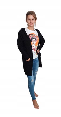 Włoski Sweter Narzutka Kardigan Z Kapturem Kieszeniami Czarny na Arena.pl