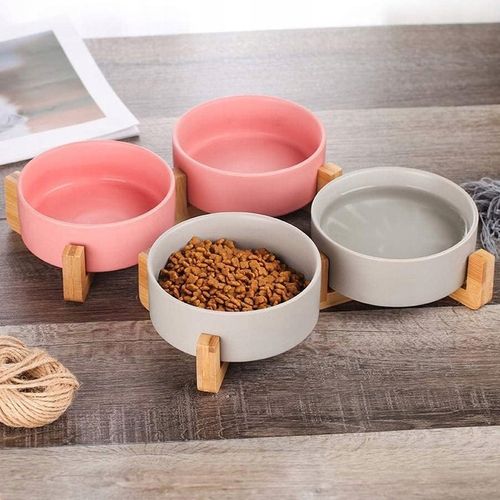 MISKA CERAMICZNA PODWÓJNA DLA PSA I KOTA 2 MISKI DREWNIANA PODSTAWA 2x400ml na Arena.pl