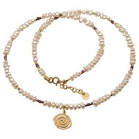 Naszyjnik - Białe Perły hodowane, Rubin, Hematyt i srebro złocone