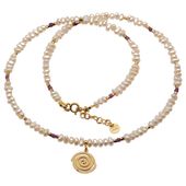 Naszyjnik - Białe Perły hodowane, Rubin, Hematyt i srebro złocone