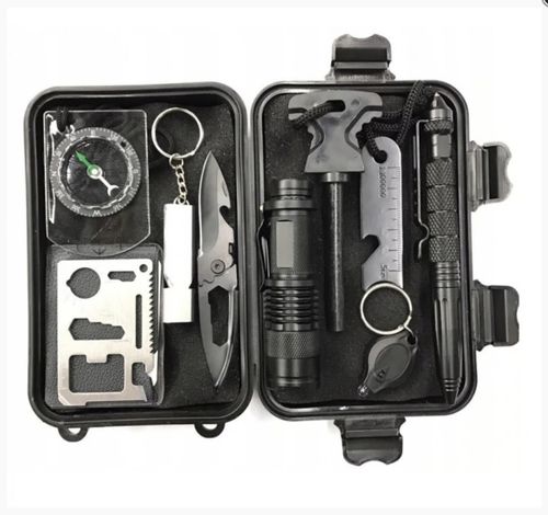 Zestaw survivalowy w pudełku, latarka, zbijak, nożyk na Arena.pl