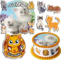 ZESTAW OPŁATEK NA TORT 20CM + 17 POSTACI - KOTEK KOT KOTKI + IMIĘ 15CM 18CM