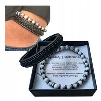 Bransoletka męska ochrona spokój hematyt howlit kamienie naturalne + skóra