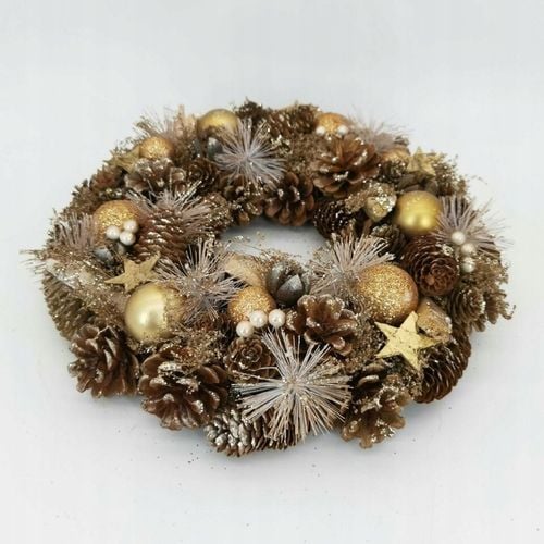 Ręcznie robiony wieniec świąteczny 34 cm złoty stroik z szyszek i bombek na Arena.pl