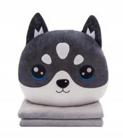 MASKOTKA PODUSZKA KOC OGRZEWACZ DO RĄK PIES HUSKY POPIELATY Z KOCEM 4w1