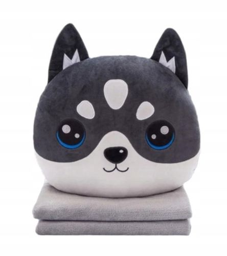MASKOTKA PODUSZKA KOC OGRZEWACZ DO RĄK PIES HUSKY POPIELATY Z KOCEM 4w1 na Arena.pl