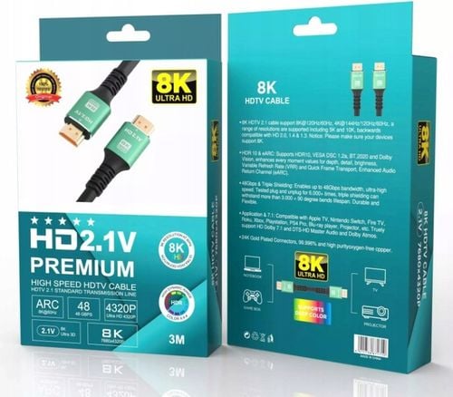 Kabel HDMI - HDMI 2.1 V PREMIUM 8K 4K 144Hz Mocny Monitor Projektor 3m na Arena.pl