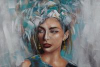 Obraz ręcznie malowany kobieta 80X120 szary+turkusowy