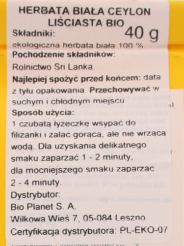 Herbata biała Ceylon liściasta BIO - Lebensbaum - 40g na Arena.pl