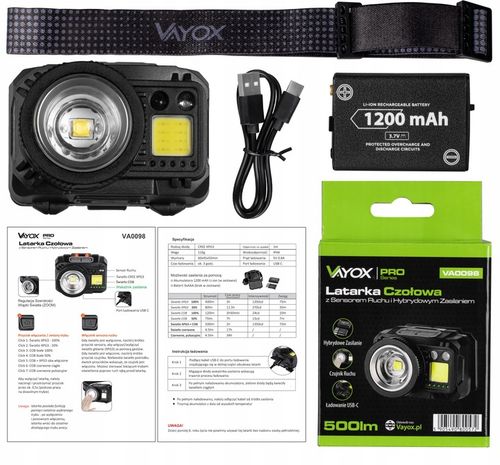LATARKA CZOŁOWA LED CZOŁÓWKA AKUMULATOROWA MOCNA ZOOM USB C 500lm PRO VAYOX na Arena.pl