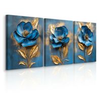 Obrazy Do Salonu Set Niebieskie Abstrakcyjne Kwiaty Glamour 90cm x 40cm