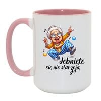 KUBEK "JEBNIĘTE SIĘ NIE STARZEJĄ" Wzór - Duży Biało-Różowy 450 ml