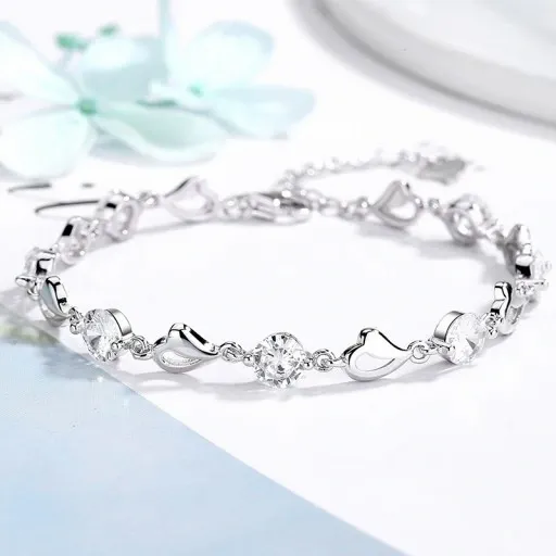 Bransoletka Damska Srebrna Łańcuszki Serduszka Heart Kryształki Na Prezent zdjęcie 15