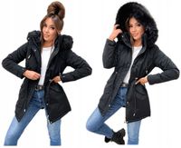 PARKA DAMSKA ZIMOWA NA MISIU CIEPŁA KAPTUR ściągacz w pasie W641