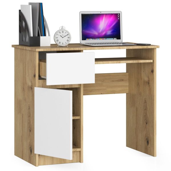 Biurko komputerowe 90 cm Piksel lewe - dąb artisan-białe zdjęcie 2