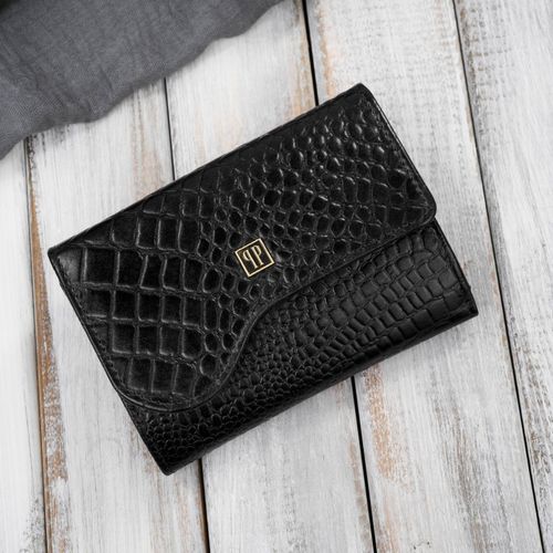 portfel damski skórzany mały czarny croco w orientacji poziomej na Arena.pl