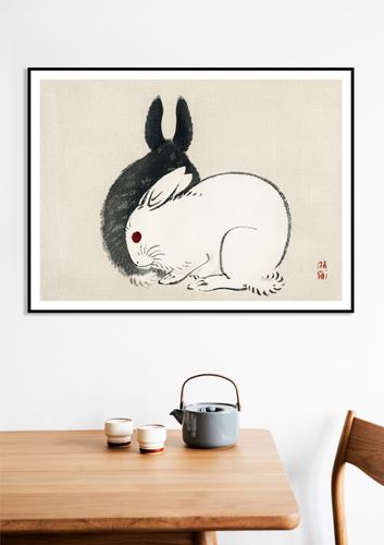 Plakat 20x15cm Black and White Rabbits, Gakan Japoński Vintage do Salonu na Arena.pl