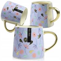 KUBEK PORCELANOWY DO KAWY HERBATY WZÓR KWIATY 400ML ZE ZŁOTYM UCHEM
