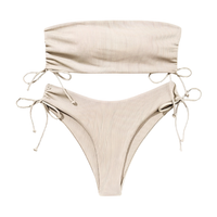 Strój Kąpielowy Bikini Push Up Wysoki Stan Beżowy L Bandeau Żebrowany