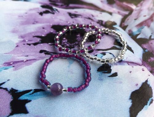 AMETYST PIERŚCIONKI Z KORALIKÓW ZESTAW 3 SZTUKI KORALIKI SREBRNE na Arena.pl