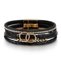 Bransoletka damska boho czarna 19,5 cm magnes złoty eko skóra