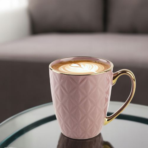 CERAMICZNY KUBEK NA KAWĘ HERBATĘ WRZOSOWY ZDOBIONY ZE ZŁOTYM UCHEM 360ML na Arena.pl