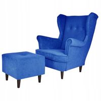 Fotel uszak ARI z podnóżkiem, welur niebieski do relaksu