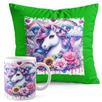 ZESTAW KUBEK + PODUSZKA ZIELONA - JEDNOROŻEC UNICORN KOŃ