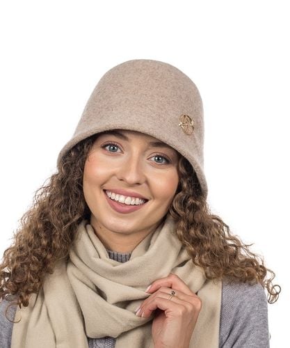 Jasnobeżowy Kapelusz Bucket Czapka Damski Wełniany Elegancki Gładki na Arena.pl