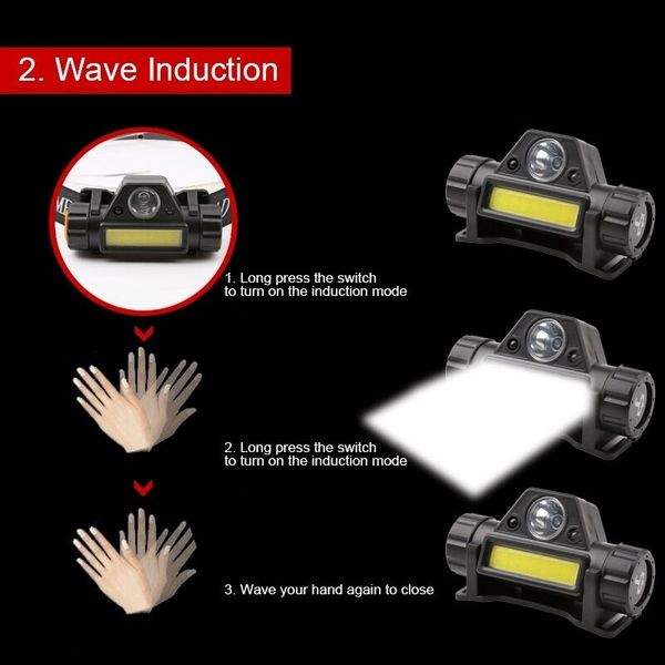 Mała lekka latarka czołowa nagłowna akumulatorowa LED T6+ moduł COB zdjęcie 9