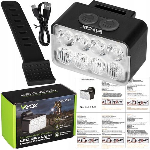 LAMPKA ROWEROWA PRZÓD 8xLED MOCNA JASNA 900LM OŚWIETLENIE ROWER USB-C VAYOX na Arena.pl